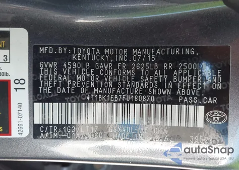 2015 Toyota Avalon Xle Touring из США, поврежденный, VIN 4T1BK1EB7FU180870